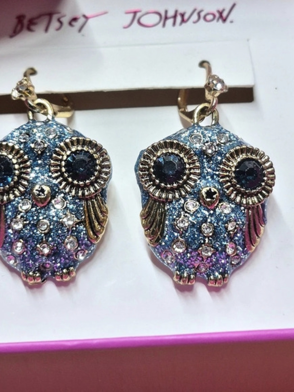 Betsey Johnson Glitter Crystal Owl Dangle Earrings NIB Gift Box